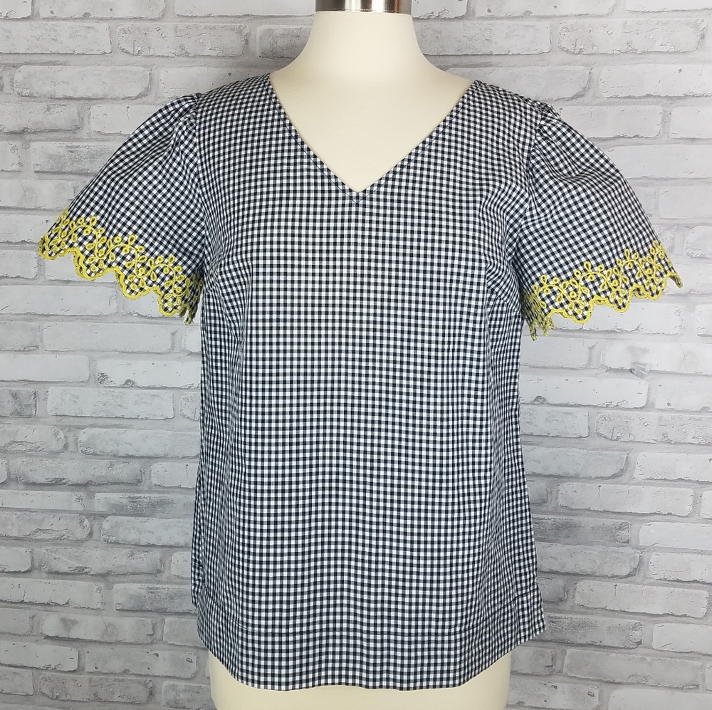 ANN TAYLOR Gingham Check Eyelet Puffed Sle…